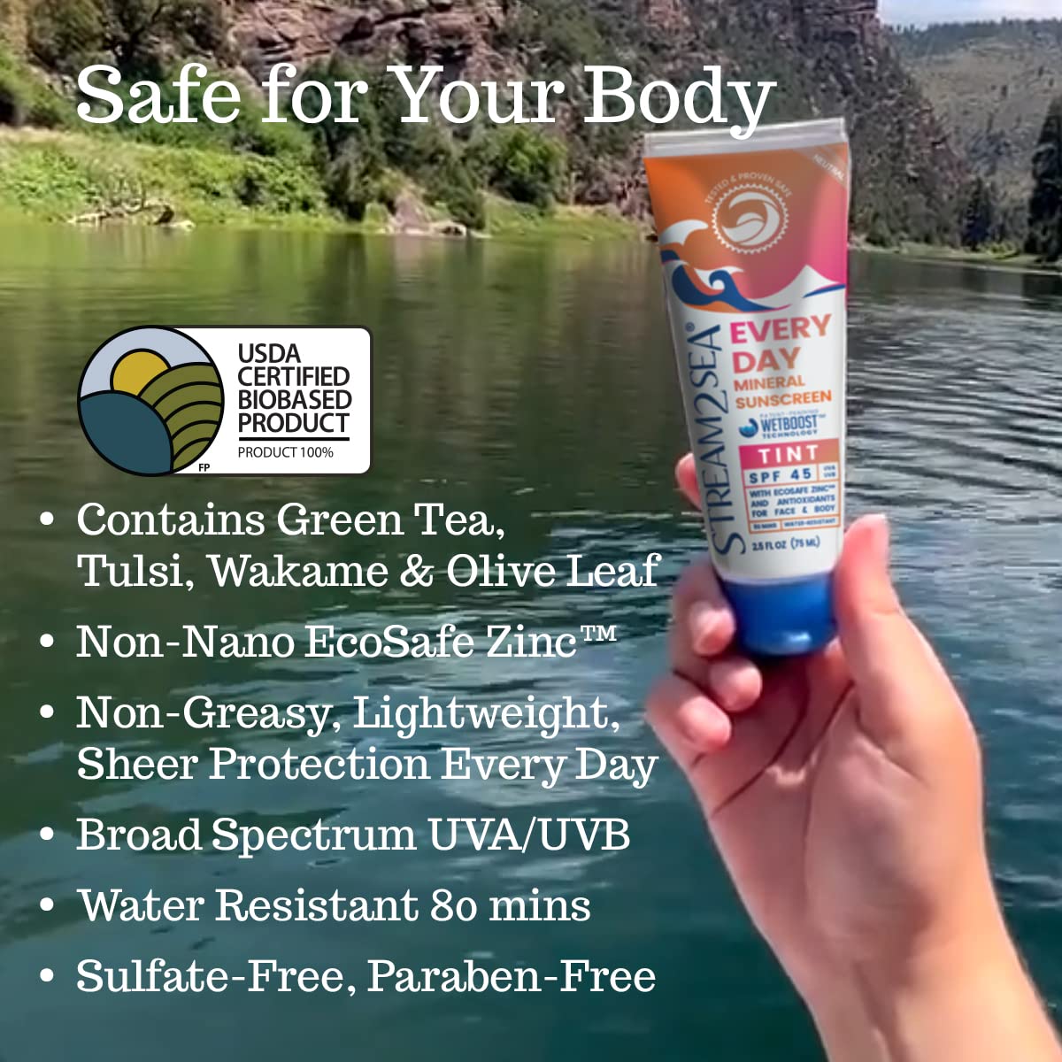 STREAM 2 SEA tinted sunscreen on the face blends evenly for everyday wear.