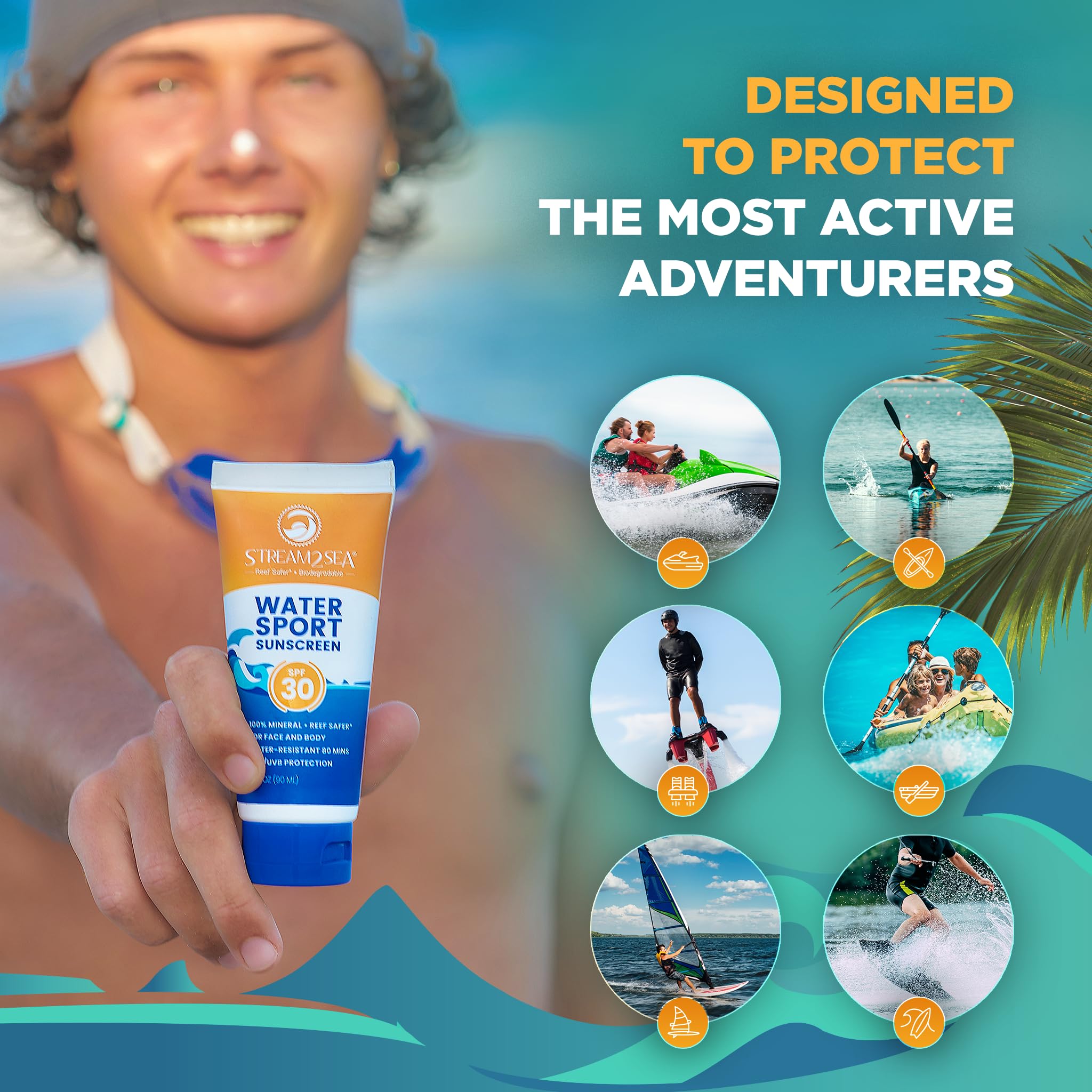 STREAM 2 SEA sunscreen application shows warm hands blending for easy, smooth coverage.