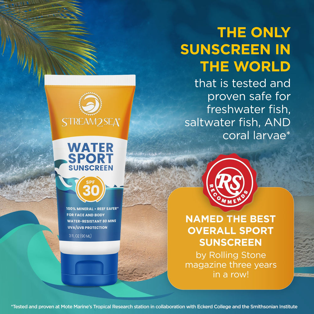 STREAM 2 SEA sunscreen on face and body ready for beach or hike.