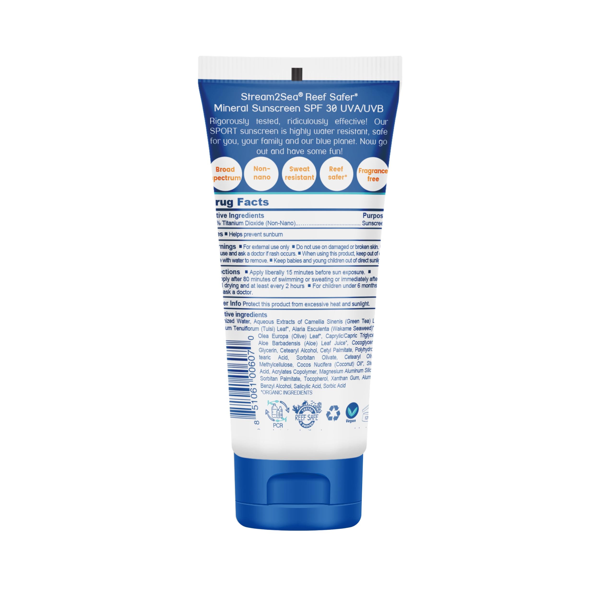 STREAM 2 SEA sunscreen tube back displays ingredients and usage tips for daily protection.