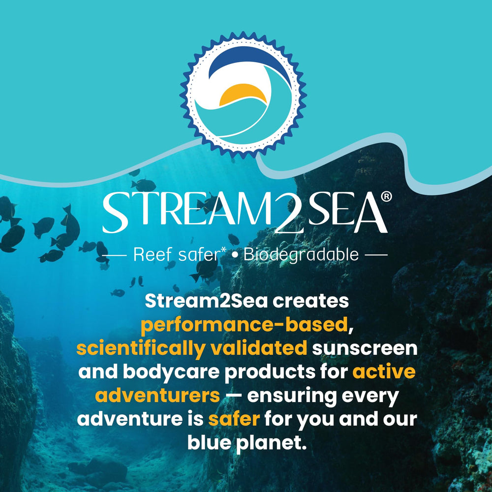 Stream2Sea founder-story graphic highlights reef-safe, ocean-friendly mission.