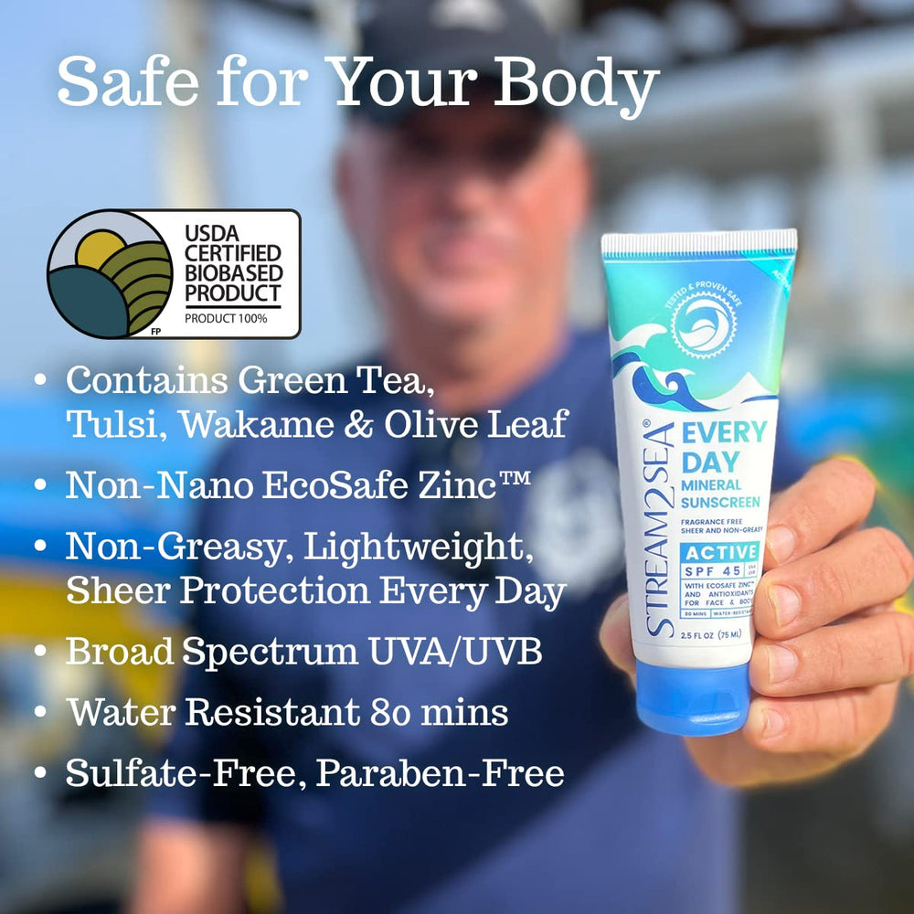 Stream2Sea mineral sunscreen swatch on skin shows sheer finish for face and body.