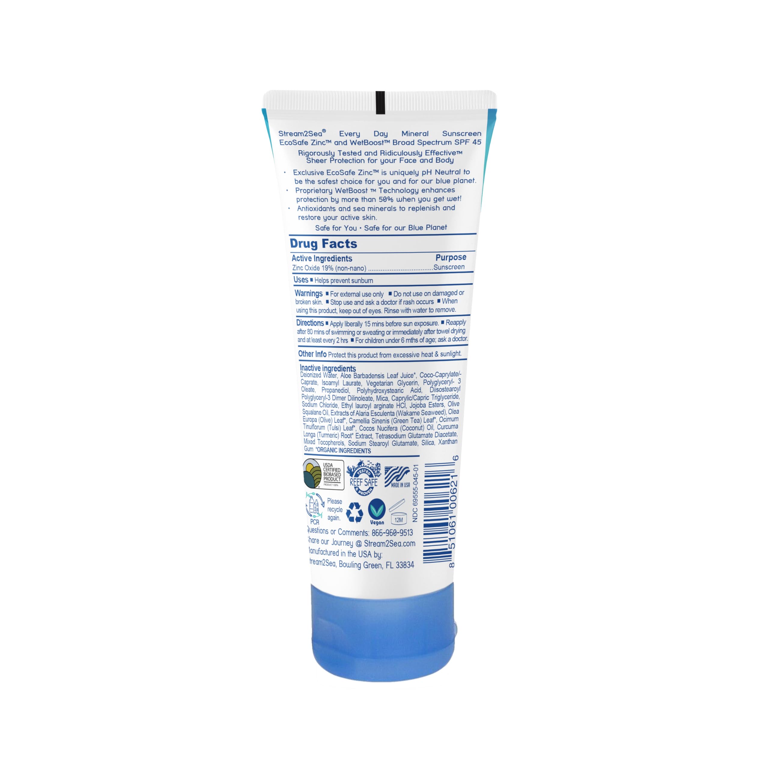 Stream2Sea SPF 45 sunscreen application on skin shows sheer, non-greasy coverage.