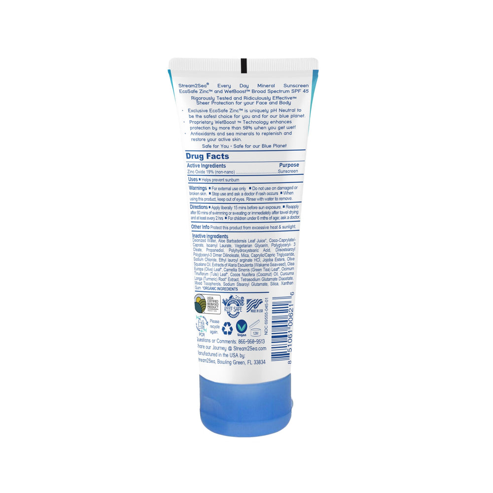 Stream2Sea SPF 45 sunscreen application on skin shows sheer, non-greasy coverage.