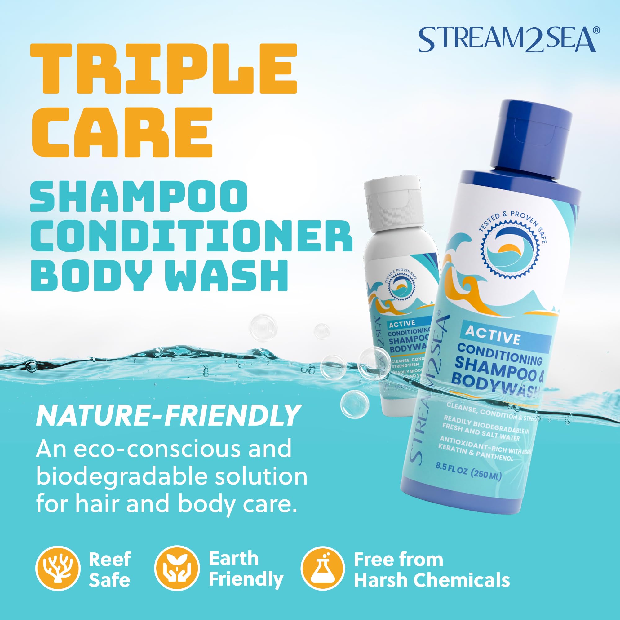 Stream2Sea swimmers conditioner bottle highlighting detangling and shine benefits.