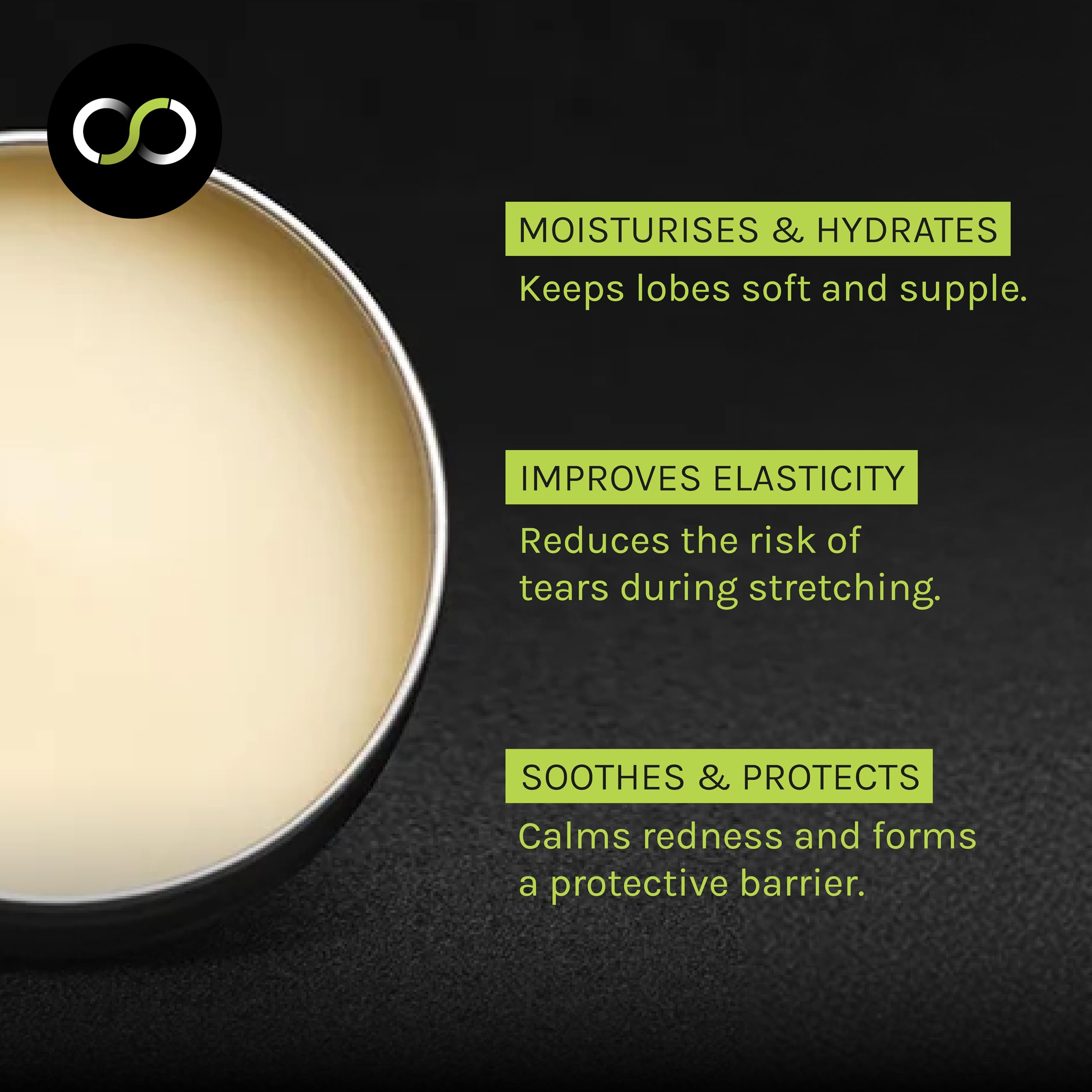 Stretch It balm ear lobe application demonstrating gentle, non-irritating stretching support