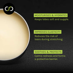 Stretch It balm ear lobe application demonstrating gentle, non-irritating stretching support