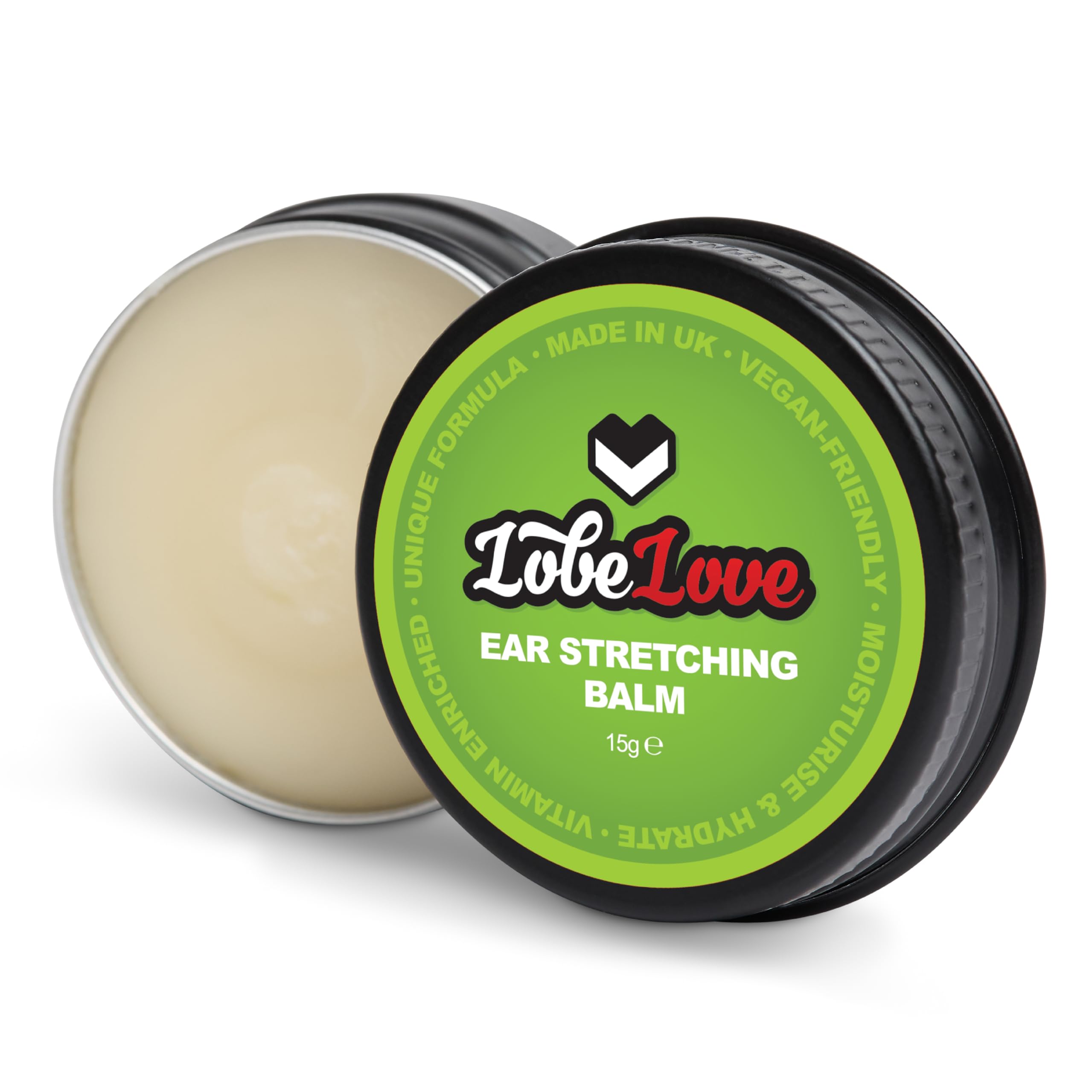 Stretch It balm jar closeup showing vitamin E-rich formula for gentle ear care