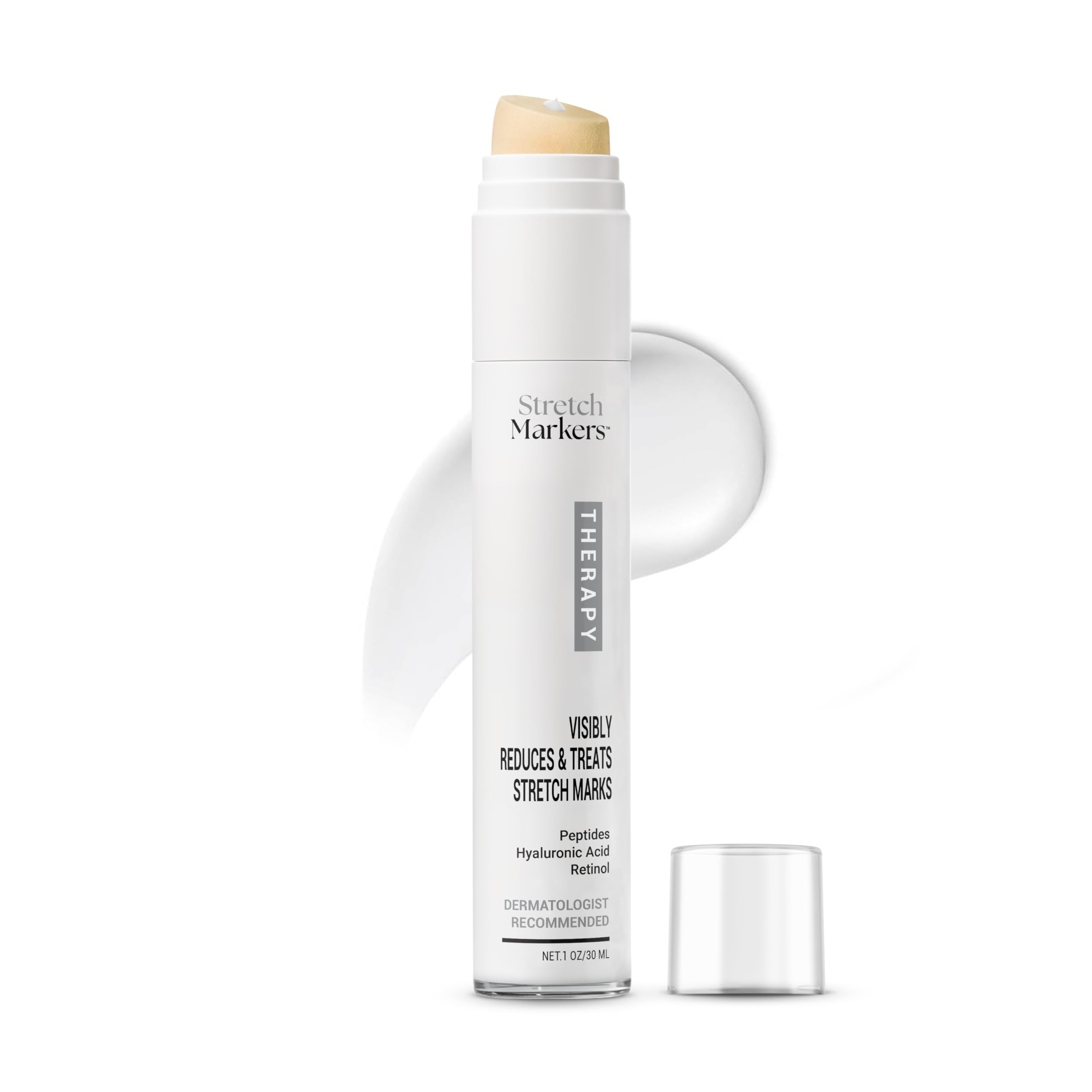 StretchMarkers Therapy cream bottle closeup highlights retinol and peptides for smoother skin.