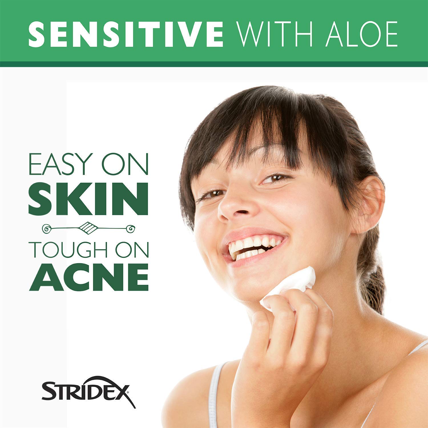 Stridex Sensitive Pads alcohol-free formulation diagram conveys gentler acne care.