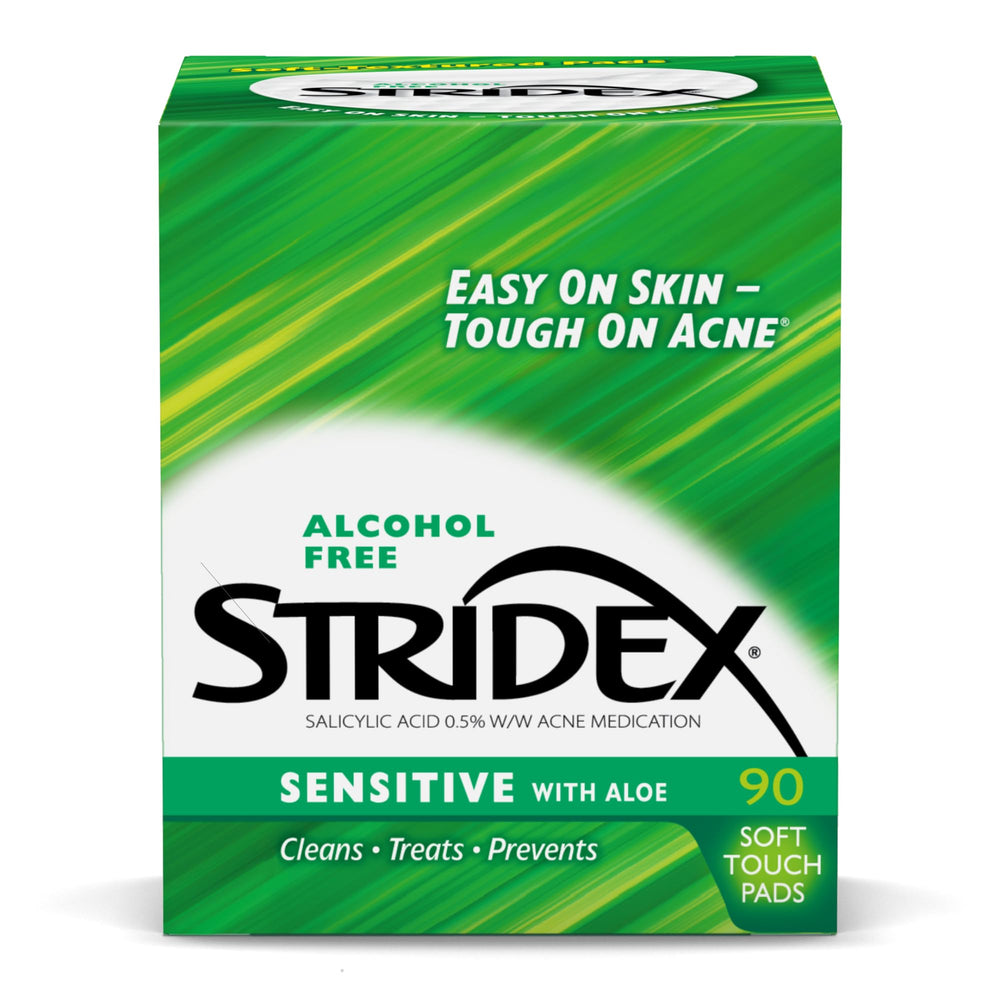 Stridex Sensitive Pads box-front shows alcohol-free acne treatment for gentle cleansing