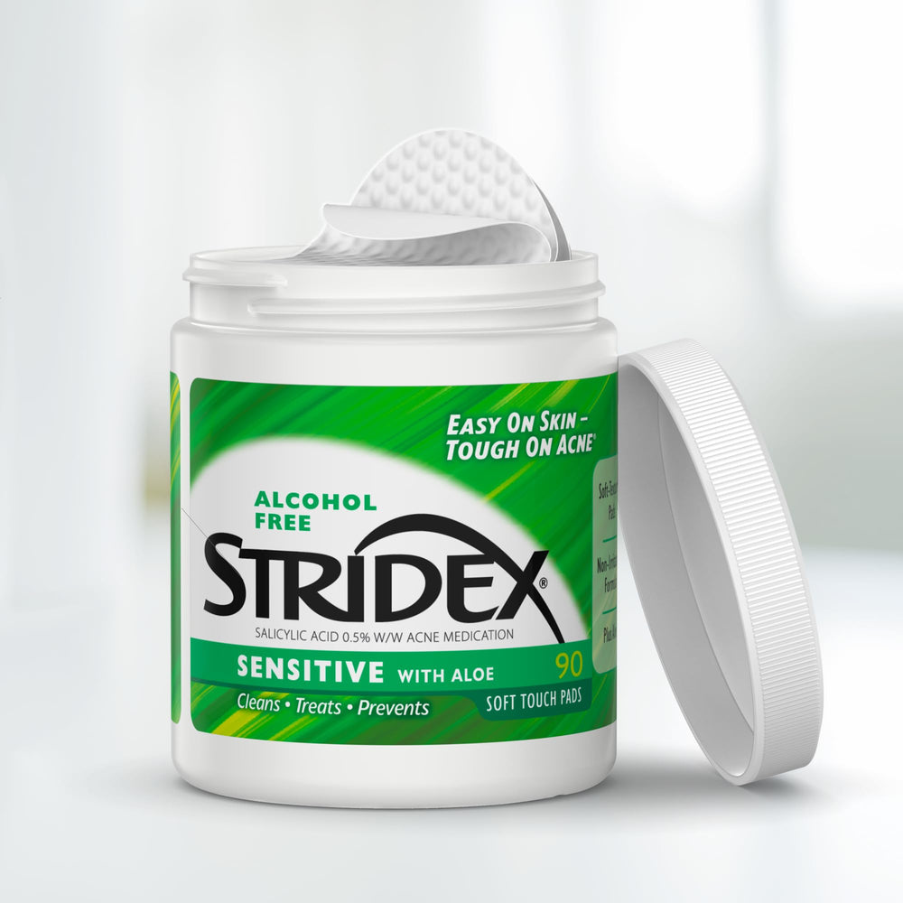 Stridex Sensitive Pads pack-multi illustrates three 90-count packs for ongoing use