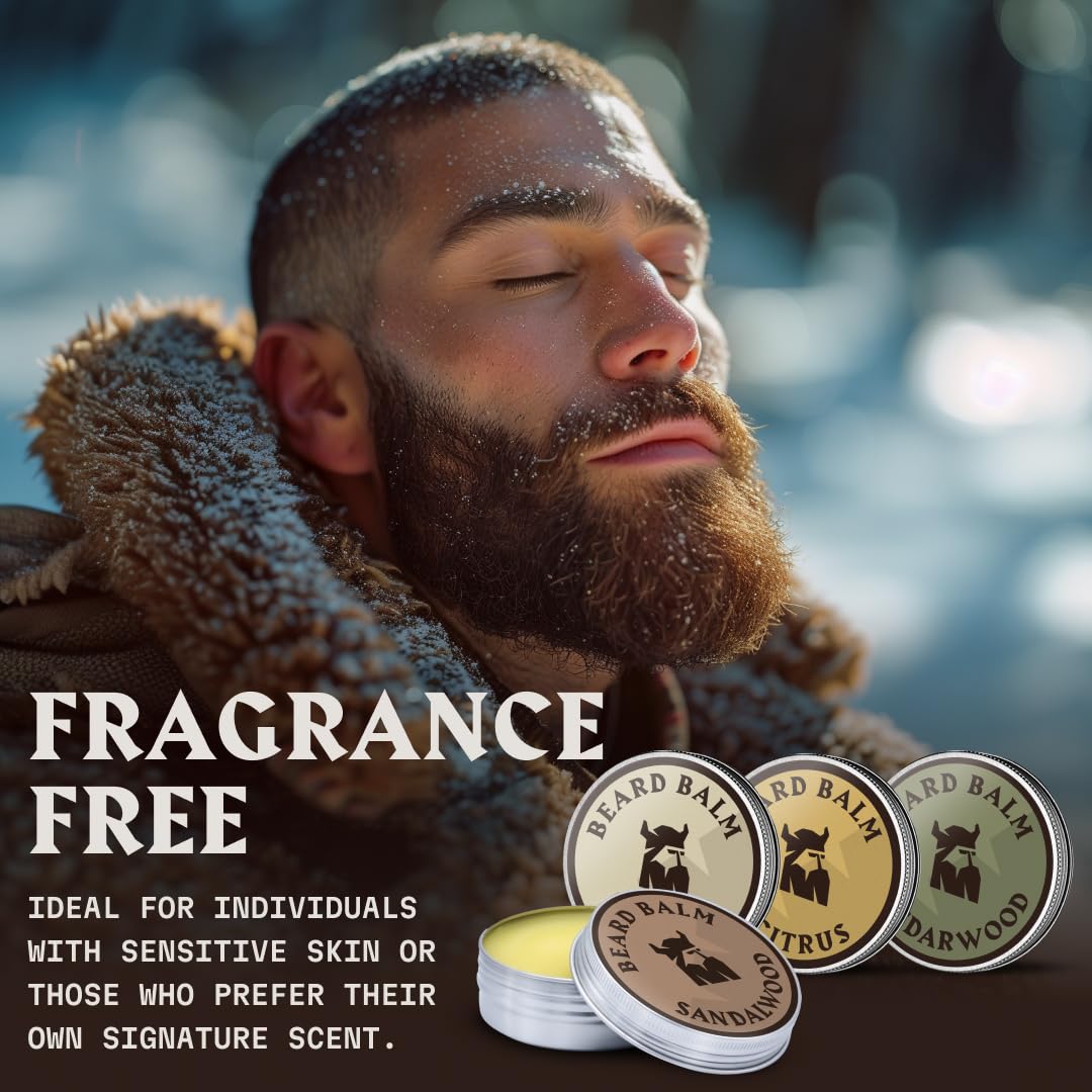 Striking Viking beard balm packaging Sandalwood captures fresh scent with frizz control