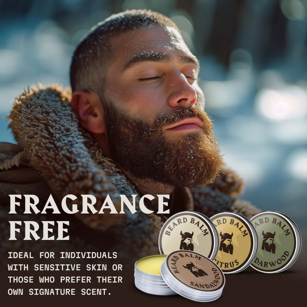 Striking Viking beard balm packaging Sandalwood captures fresh scent with frizz control