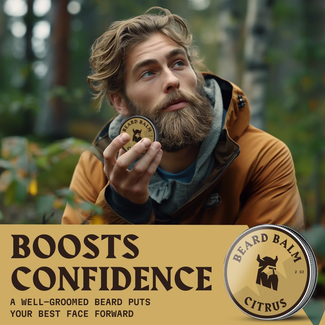 Striking Viking beard balm packaging on display for travel friendly grooming kit