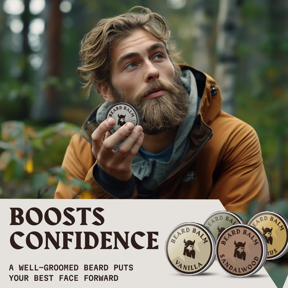 Striking Viking beard balm tin open reveals rich texture for quick grooming
