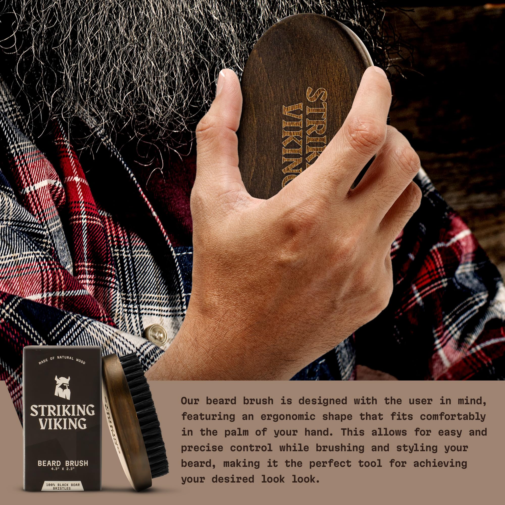 Striking Viking beard brush highlighting durable beech wood construction and design.