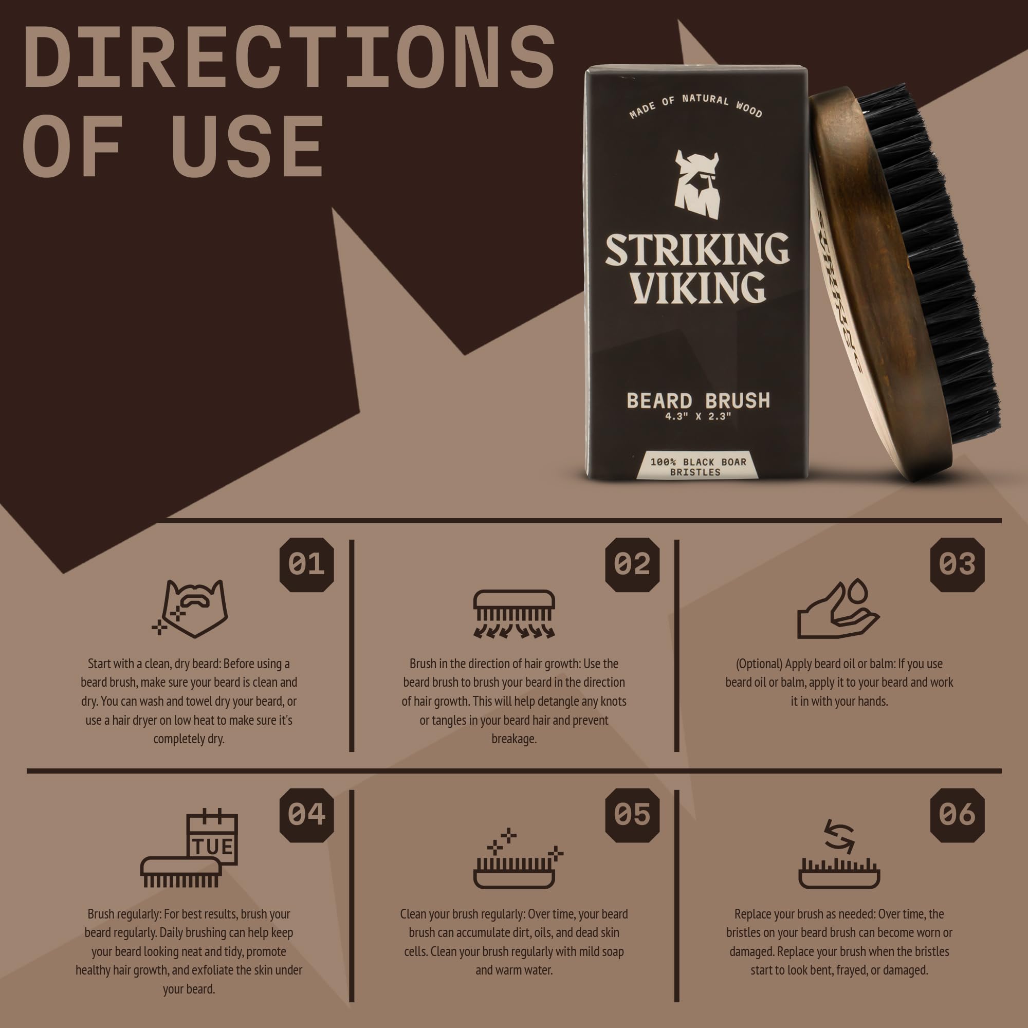 Striking Viking Beard Brush displayed alongside grooming kit essentials.