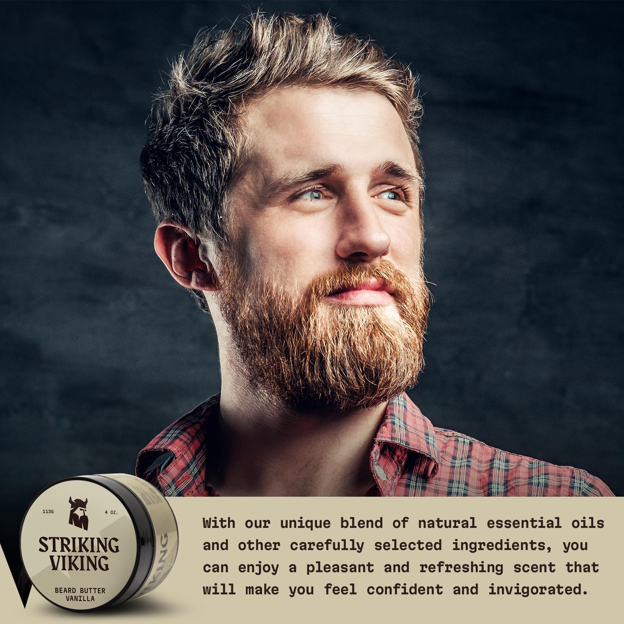 Striking Viking beard butter ingredients display highlights natural oils and vanilla
