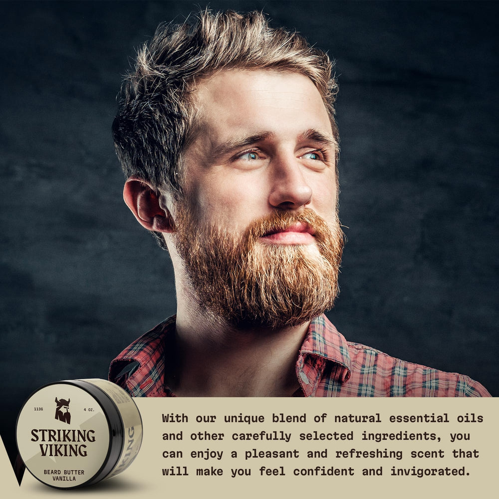 Striking Viking beard butter ingredients display highlights natural oils and vanilla