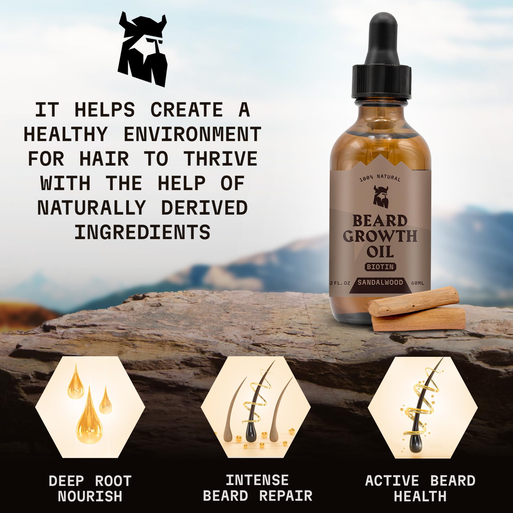 Striking Viking beard growth oil sandalwood scent close-up