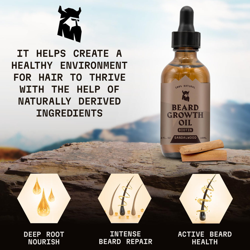 Striking Viking beard growth oil sandalwood scent close-up