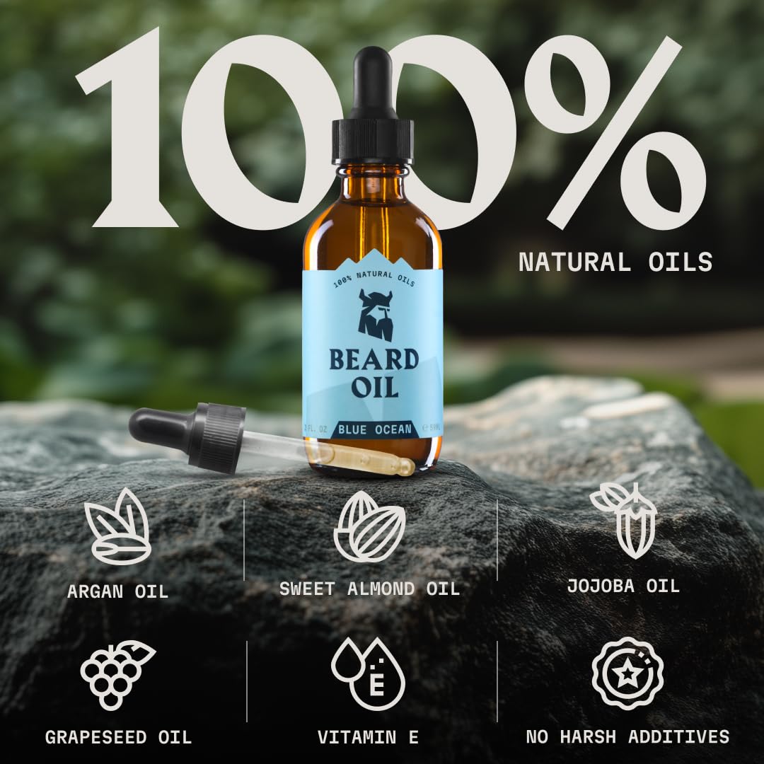 Striking Viking beard oil after-use glow indicates nourished, healthy-looking beard.