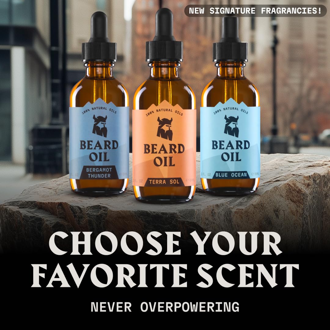 Striking Viking beard oil dropper delivers precise, non-greasy application.