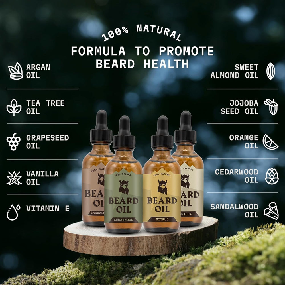 Striking Viking beard oil four-bottle-pack image shows convenient daily beard care option