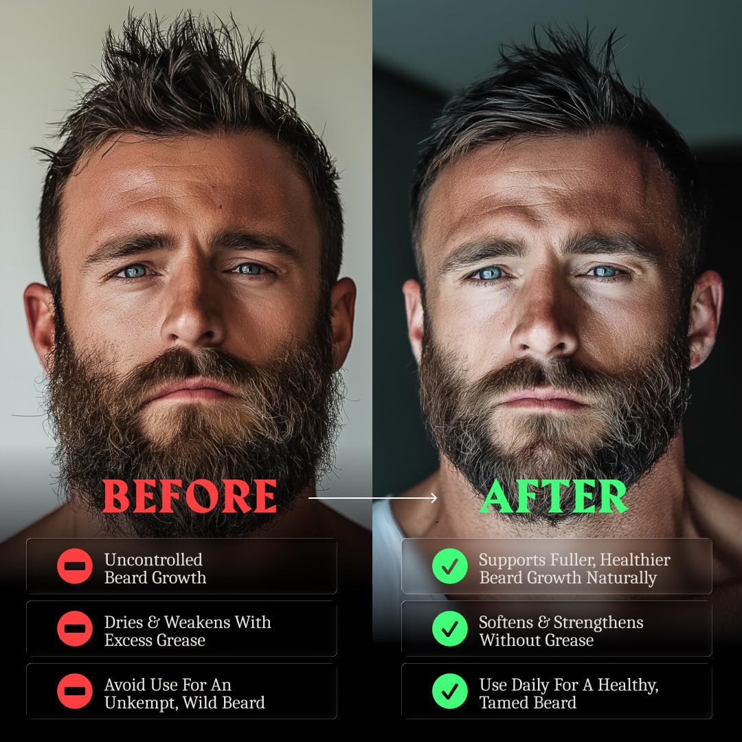Striking Viking beard oil in use shows a few drops conditioning the beard.