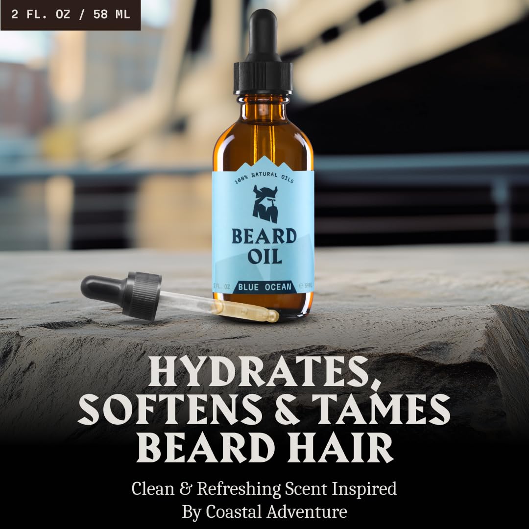 Striking Viking beard oil ingredients: almond, tea tree, argan, jojoba nourish the beard.