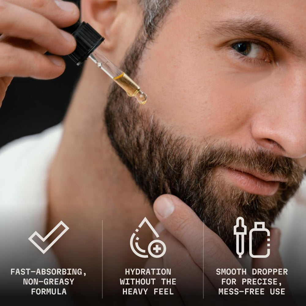 Striking Viking beard oil on beard shows softened, tamed fibers for a smoother feel.