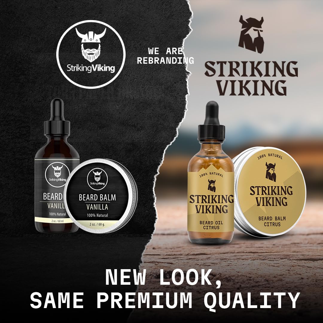Striking Viking beard oil pairing suggests complete grooming routine with our wooden comb.