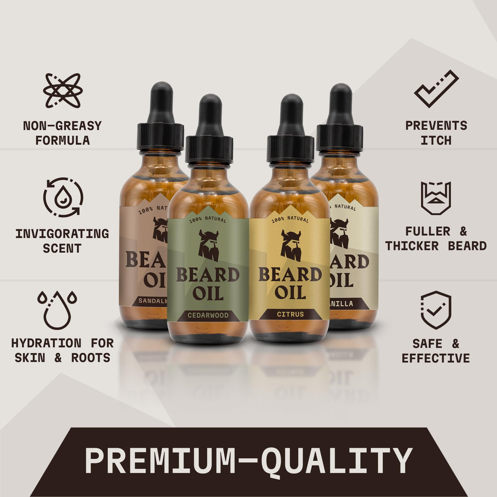 Striking Viking beard oil sandalwood citrus bottle supports balanced shine without greasiness