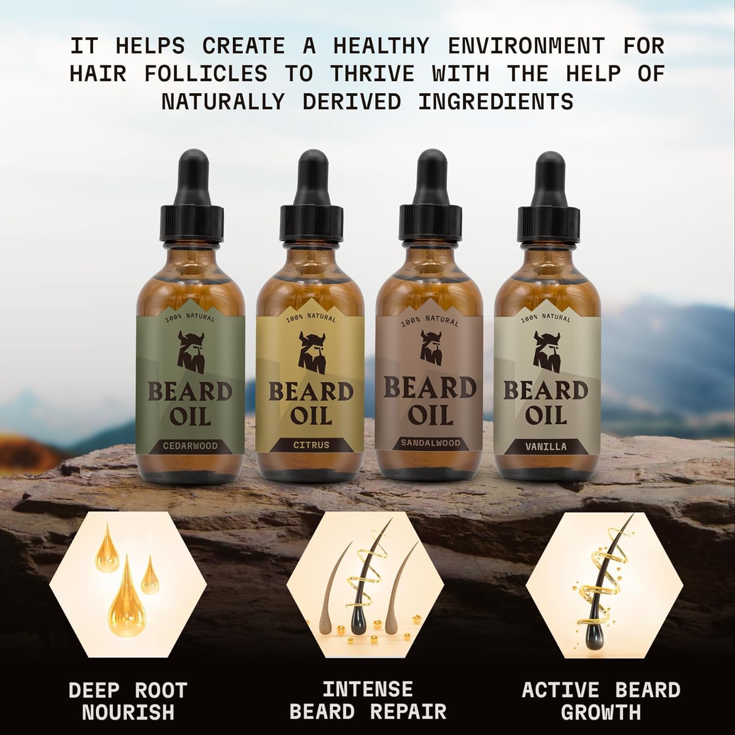 Striking Viking beard oil vanilla scent bottle offers daily grooming with pleasant fragrance