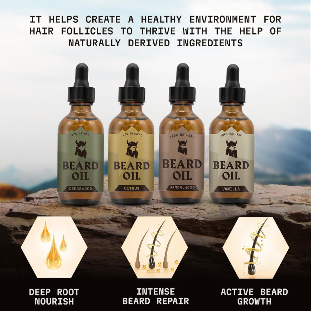 Striking Viking beard oil vanilla scent bottle offers daily grooming with pleasant fragrance