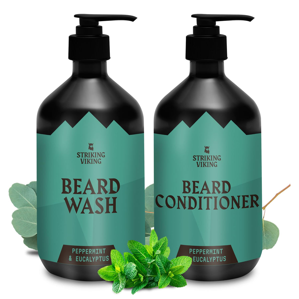 Striking Viking beard wash bottle pour demonstrates deep-clean action with minty freshness