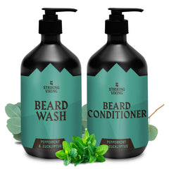 Striking Viking beard wash bottle pour demonstrates deep-clean action with minty freshness