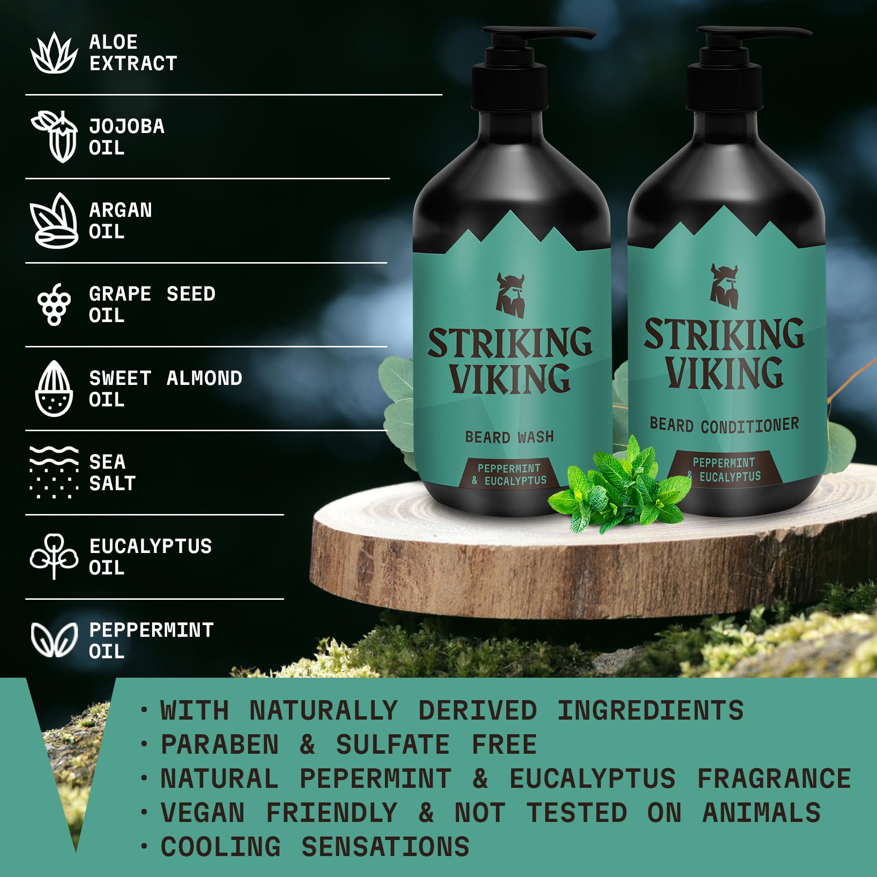 Striking Viking beard wash label closeup shows peppermint-eucalyptus formula for wakeful mornings