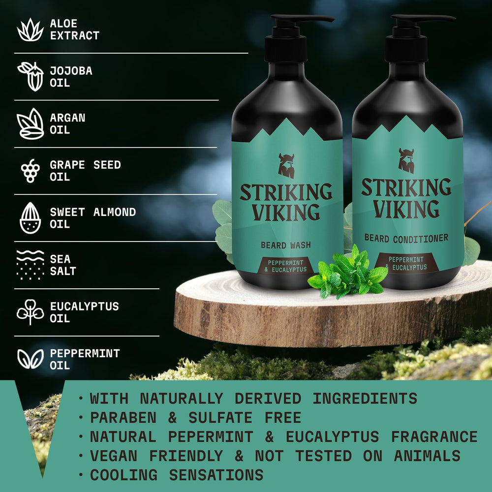 Striking Viking beard wash label closeup shows peppermint-eucalyptus formula for wakeful mornings