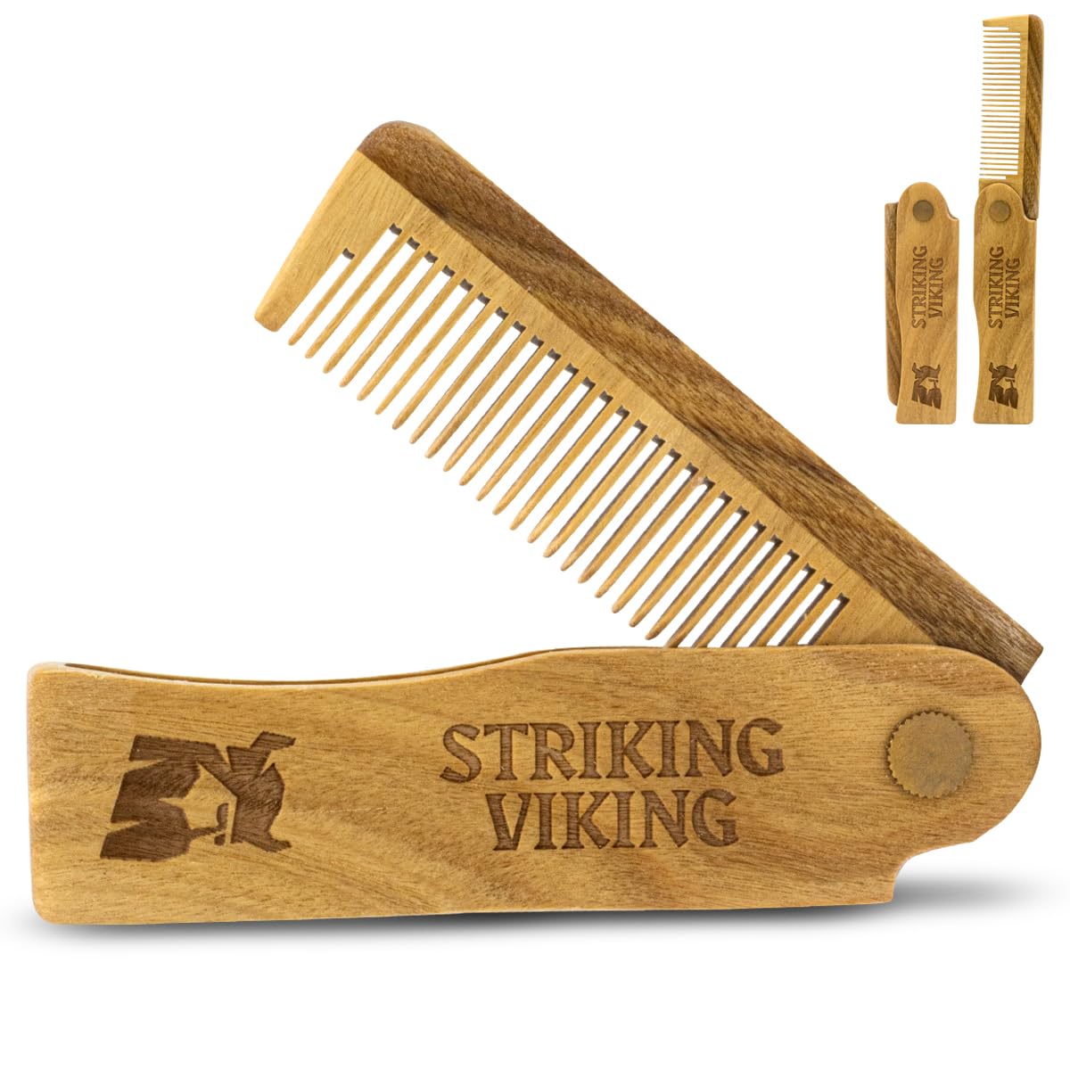 Striking Viking folding sandalwood comb open shows compact travel-friendly design for on-the-go grooming.
