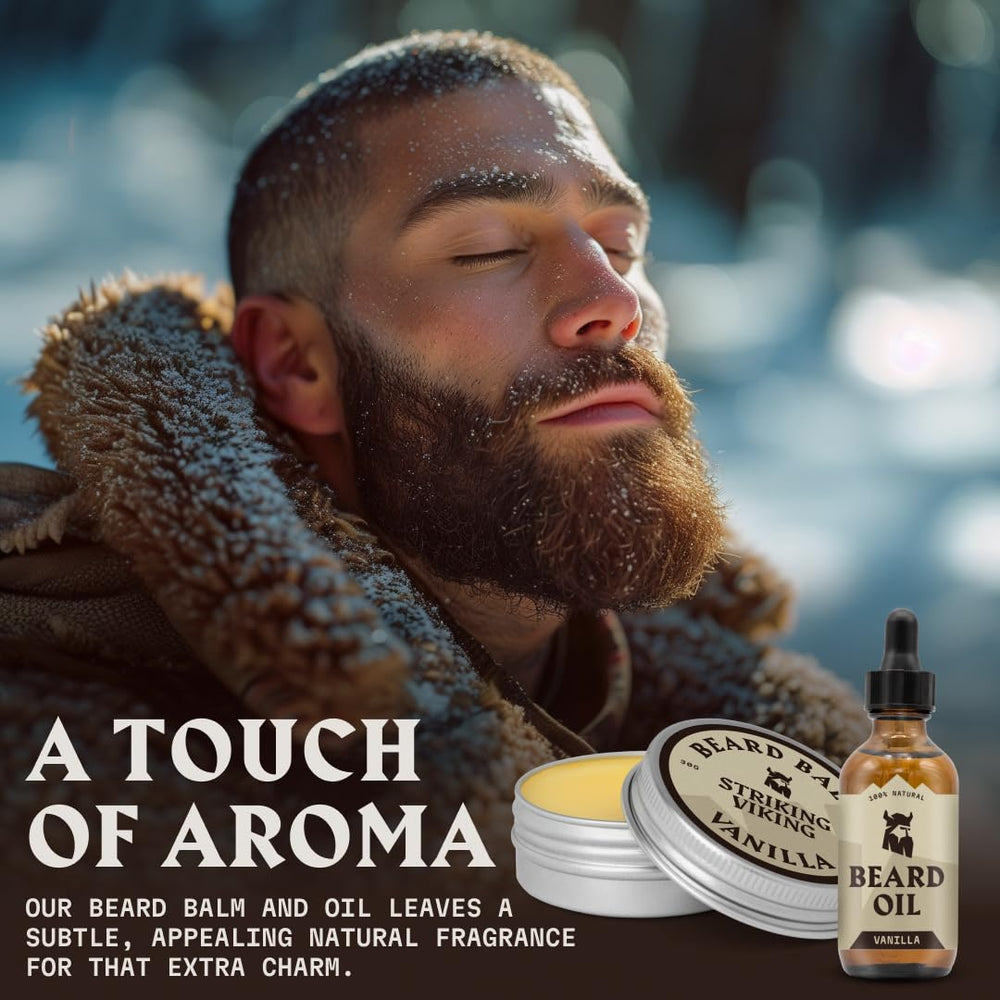 Striking Viking jojoba oil ingredient label emphasizing natural shine and comfort.