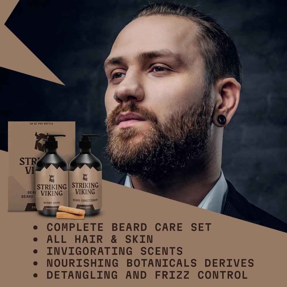 Striking Viking-man-applying-wash: practical routine in minutes for all beard types