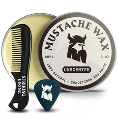 Striking Viking Mustache Wax Kit 2oz jar offers long-lasting hold for defined style.