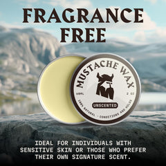 Striking Viking mustache wax application close-up shows easy scooping and shaping.