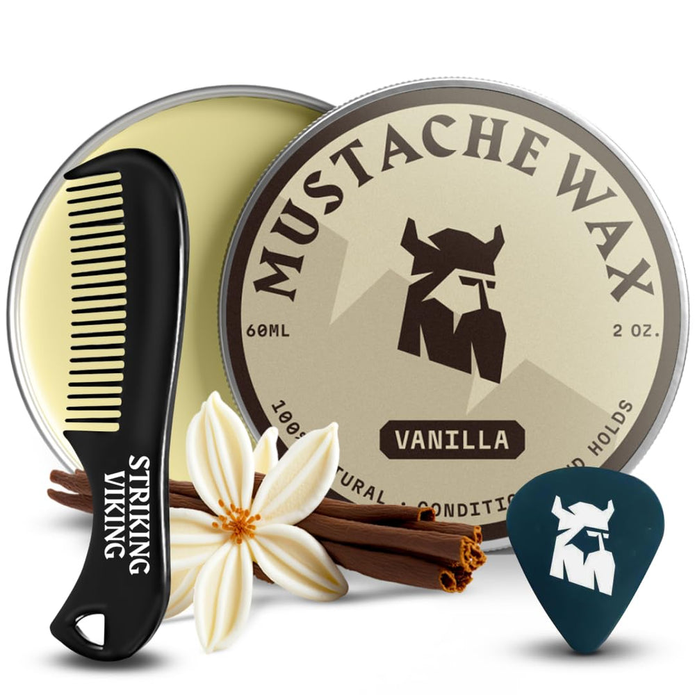 Striking Viking mustache wax kit front view with vanilla scent for bold styling