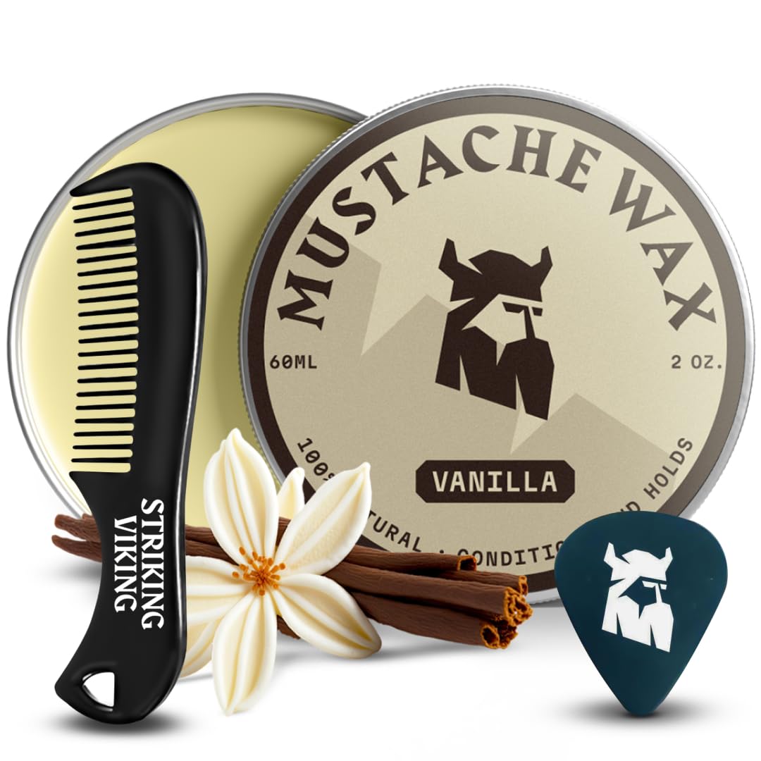 Striking Viking mustache wax kit front view with vanilla scent for bold styling