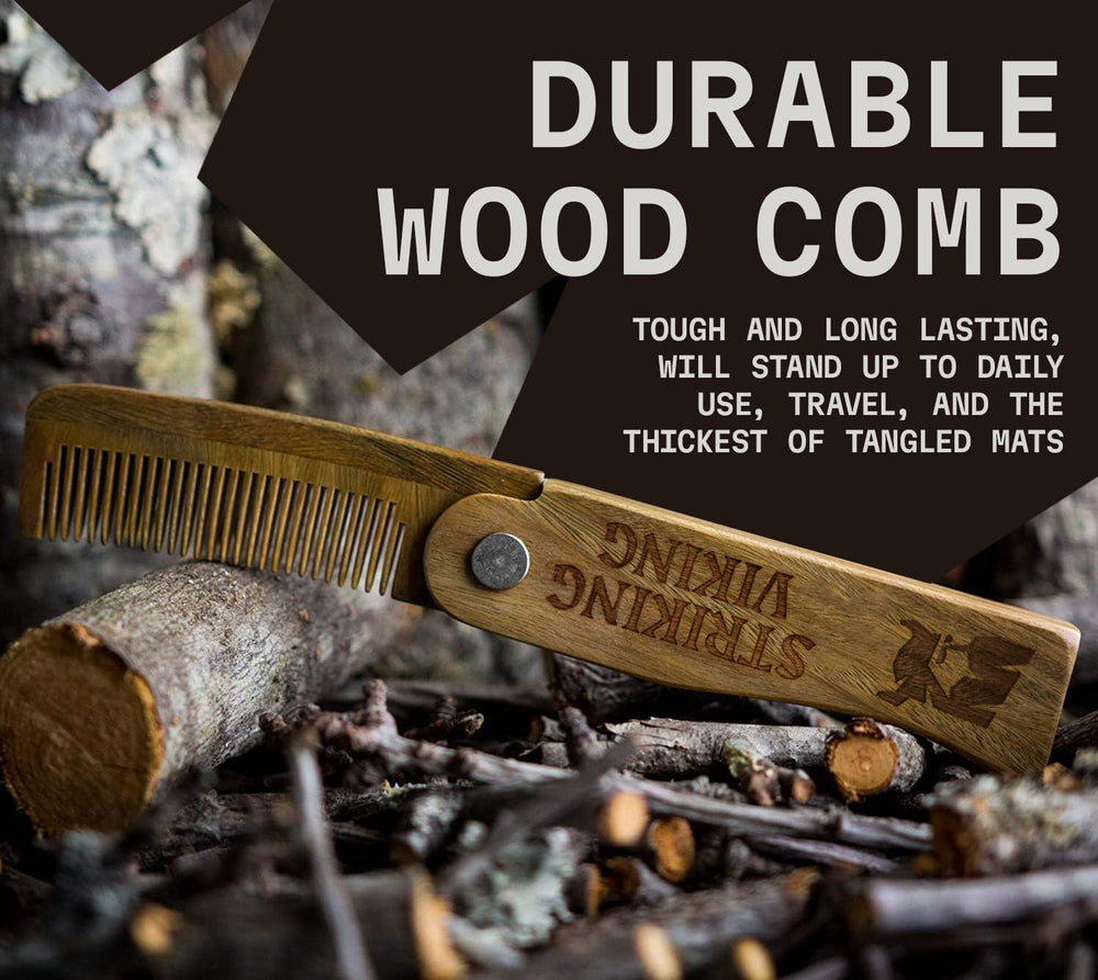 Striking Viking pocket beard comb in pocket demonstrates travel-ready grooming on the go.
