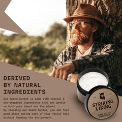 Striking Viking sandalwood beard softener being applied to beard for smoothness