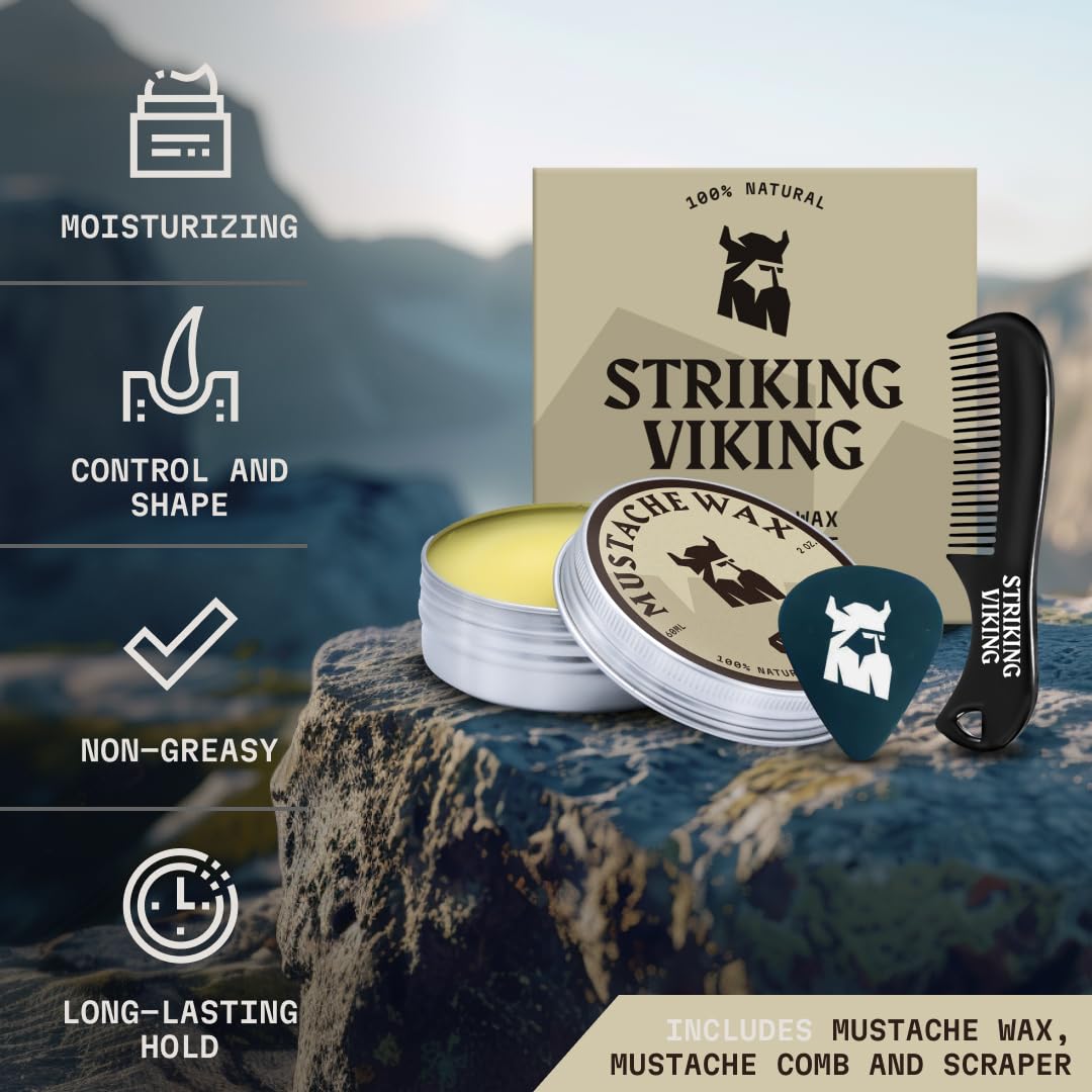 Striking Viking vanilla mustache wax application close-up for precise shaping